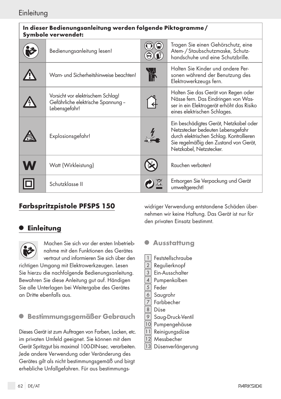 Farbspritzpistole pfsps 150, Einleitung, Bestimmungsgemäßer gebrauch | Ausstattung | Parkside PFSPS150 User Manual | Page 60 / 65