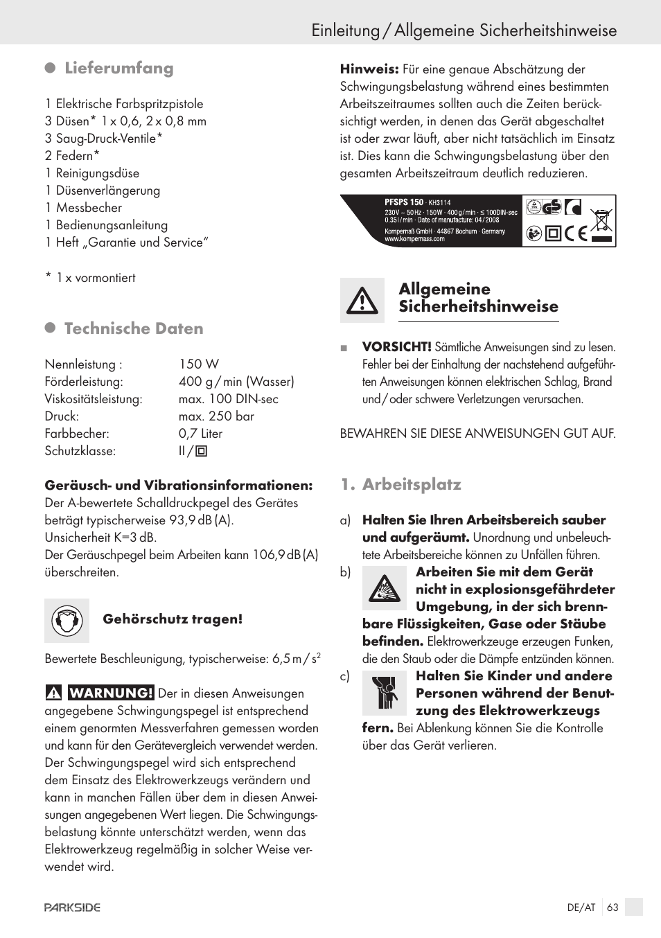 Einleitung / allgemeine sicherheitshinweise, Lieferumfang, Technische daten | Allgemeine sicherheitshinweise, Arbeitsplatz | Parkside PFSPS150 User Manual | Page 61 / 65