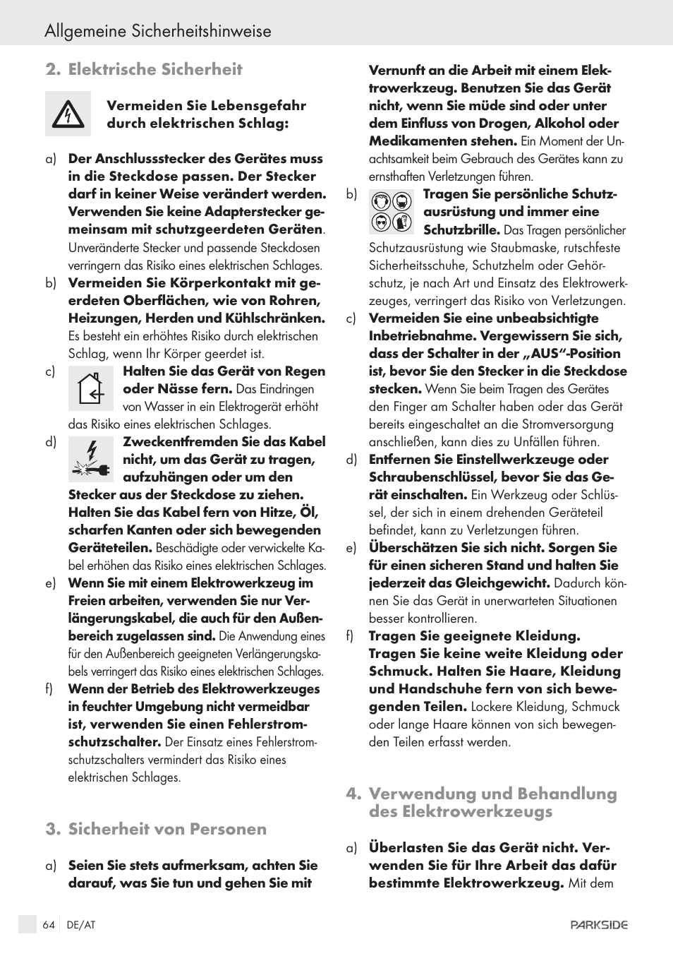 Allgemeine sicherheitshinweise, Elektrische sicherheit, Sicherheit von personen | Verwendung und behandlung des elektrowerkzeugs | Parkside PFSPS150 User Manual | Page 62 / 65