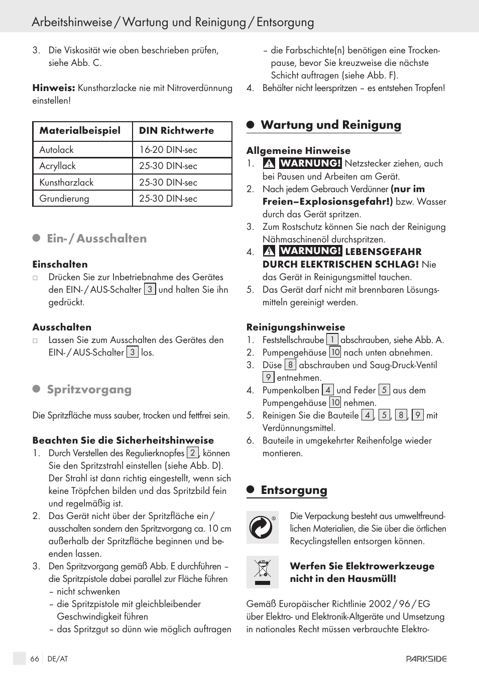 Ein- / ausschalten, Spritzvorgang, Wartung und reinigung | Entsorgung | Parkside PFSPS150 User Manual | Page 64 / 65