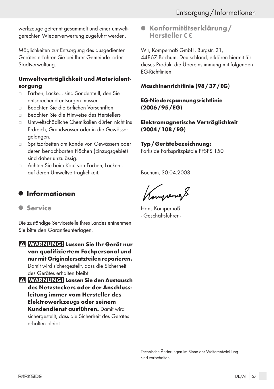 Entsorgung / informationen, Informationen, Service | Konformitätserklärung / hersteller | Parkside PFSPS150 User Manual | Page 65 / 65