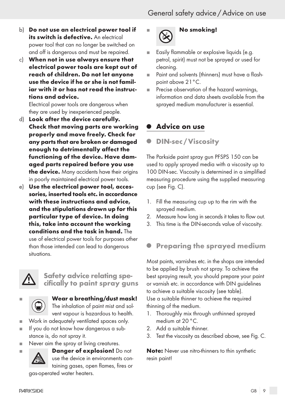 General safety advice / advice on use, Advice on use, Din-sec / viscosity | Preparing the sprayed medium | Parkside PFSPS150 User Manual | Page 7 / 65