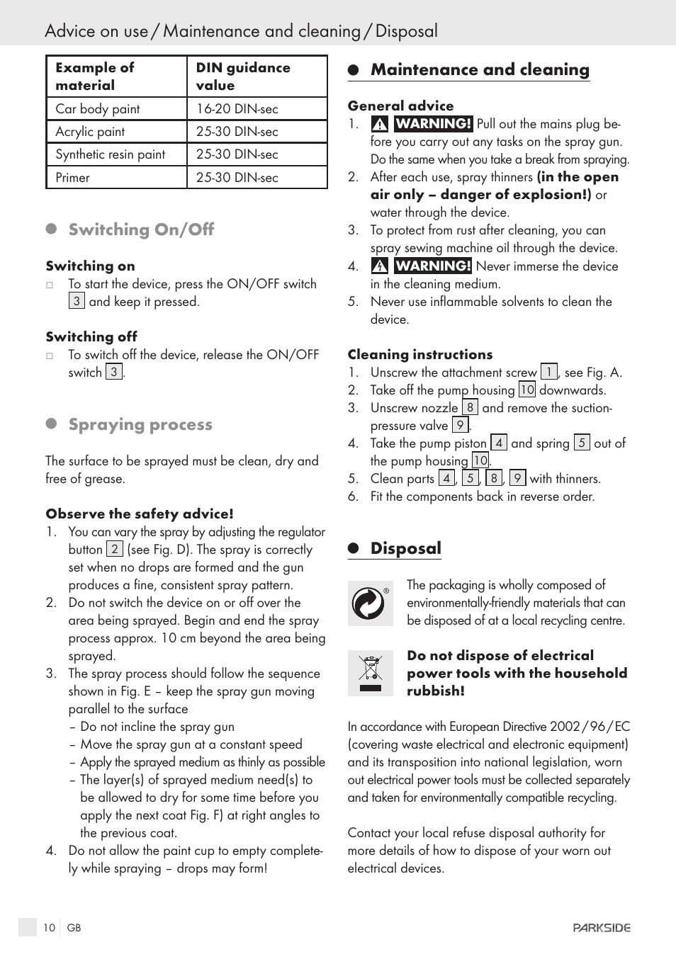 Switching on/off, Spraying process, Maintenance and cleaning | Disposal | Parkside PFSPS150 User Manual | Page 8 / 65
