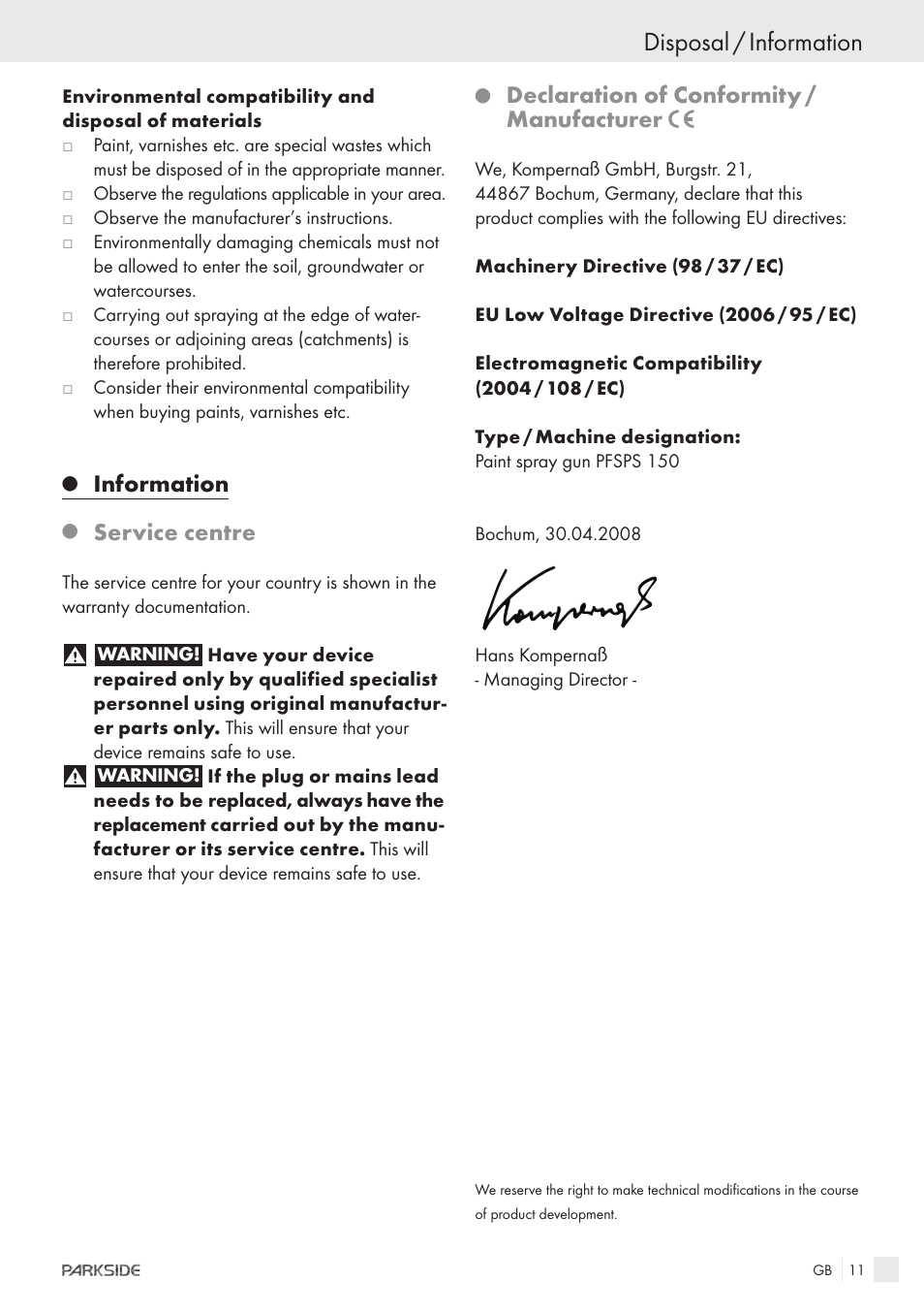 Disposal / information, Information, Service centre | Declaration of conformity / manufacturer | Parkside PFSPS150 User Manual | Page 9 / 65