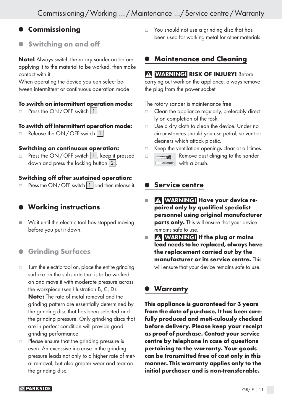 Commissioning, Switching on and oﬀ, Working instructions | Grinding surfaces, Maintenance and cleaning, Service centre, Warranty | Parkside EXCENTERSLIBER XQ270 User Manual | Page 10 / 20