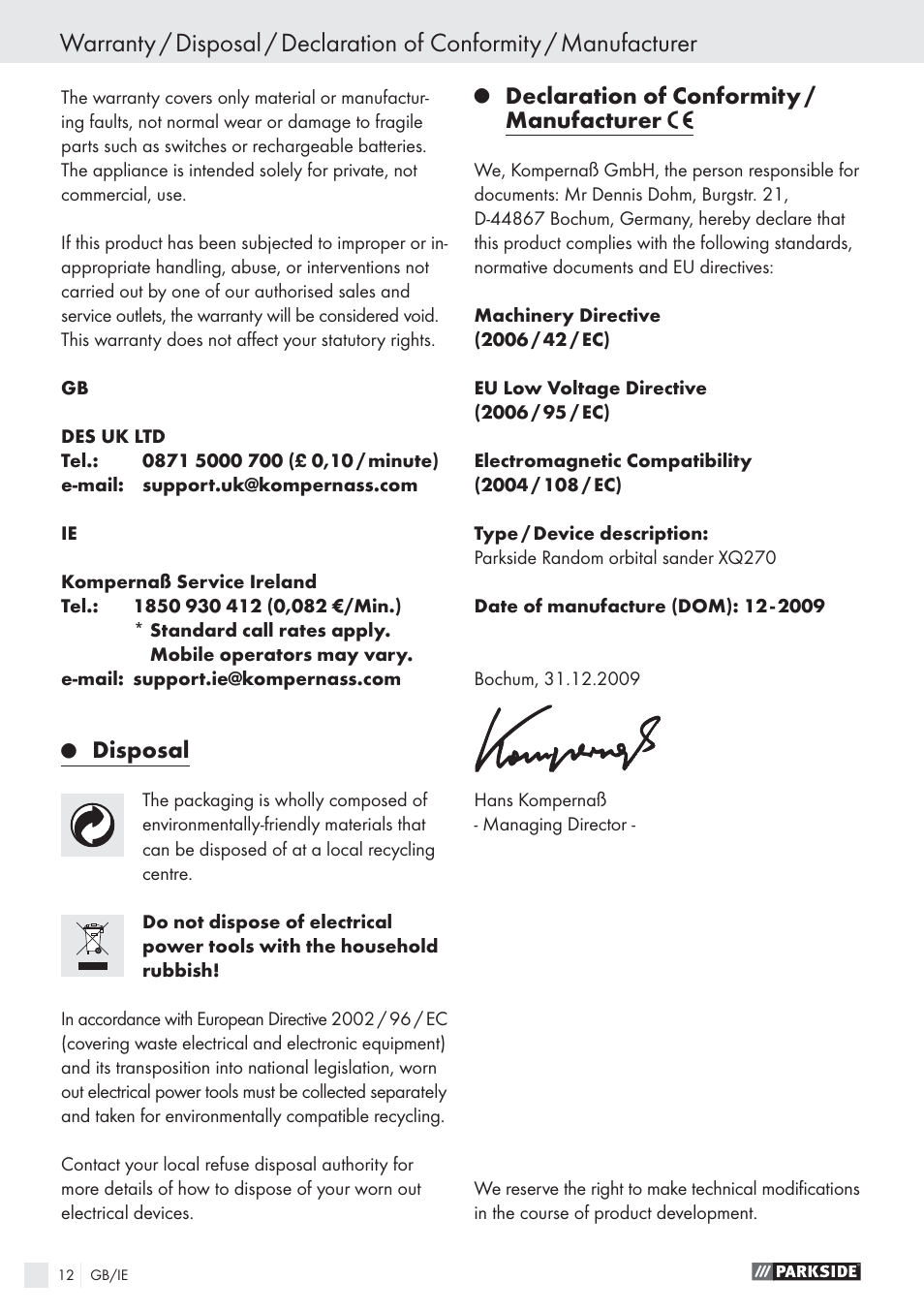 Disposal, Declaration of conformity / manufacturer | Parkside EXCENTERSLIBER XQ270 User Manual | Page 11 / 20