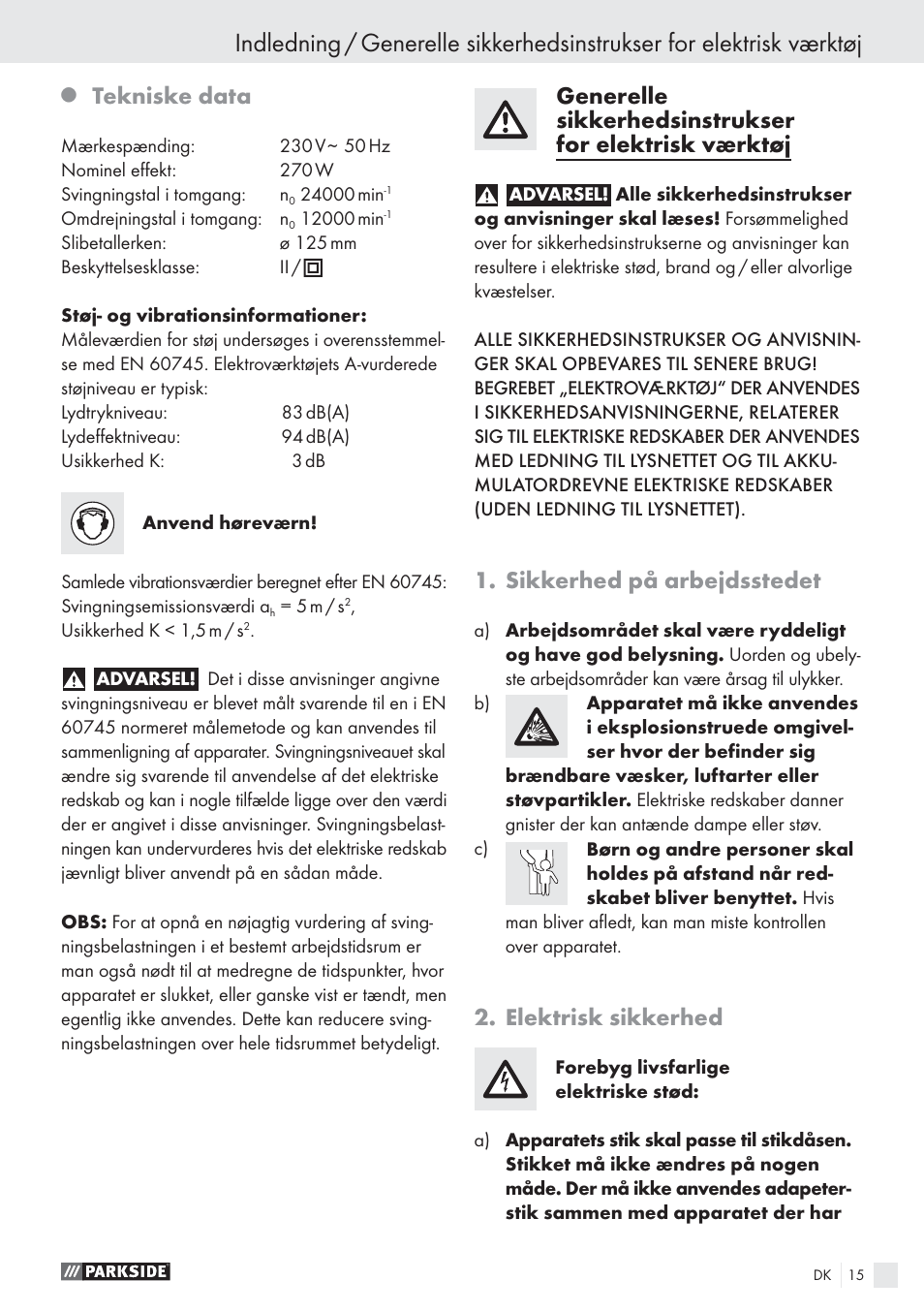 Tekniske data, Sikkerhed på arbejdsstedet, Elektrisk sikkerhed | Parkside EXCENTERSLIBER XQ270 User Manual | Page 14 / 20