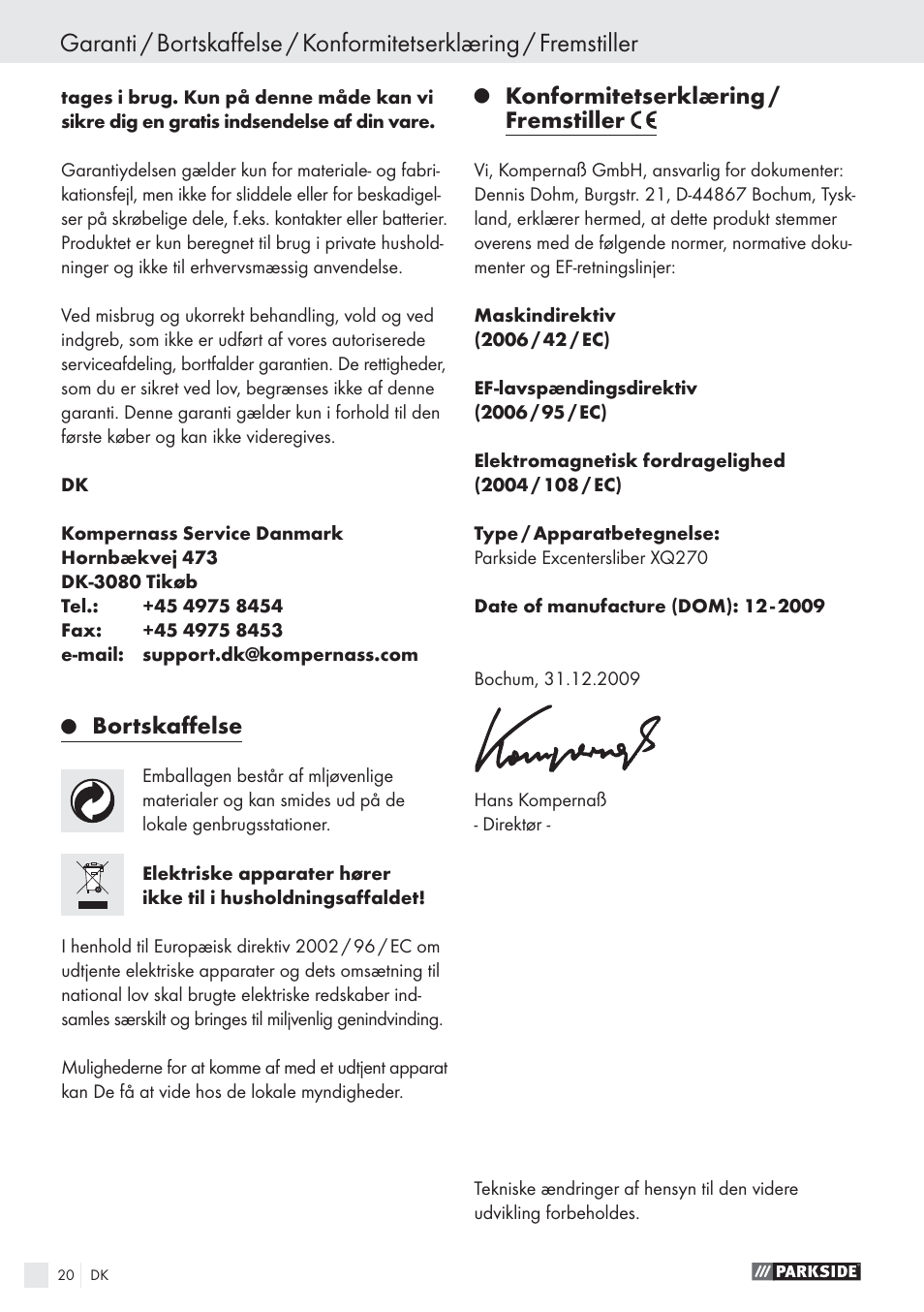 Bortskaﬀelse, Konformitetserklæring / fremstiller | Parkside EXCENTERSLIBER XQ270 User Manual | Page 19 / 20