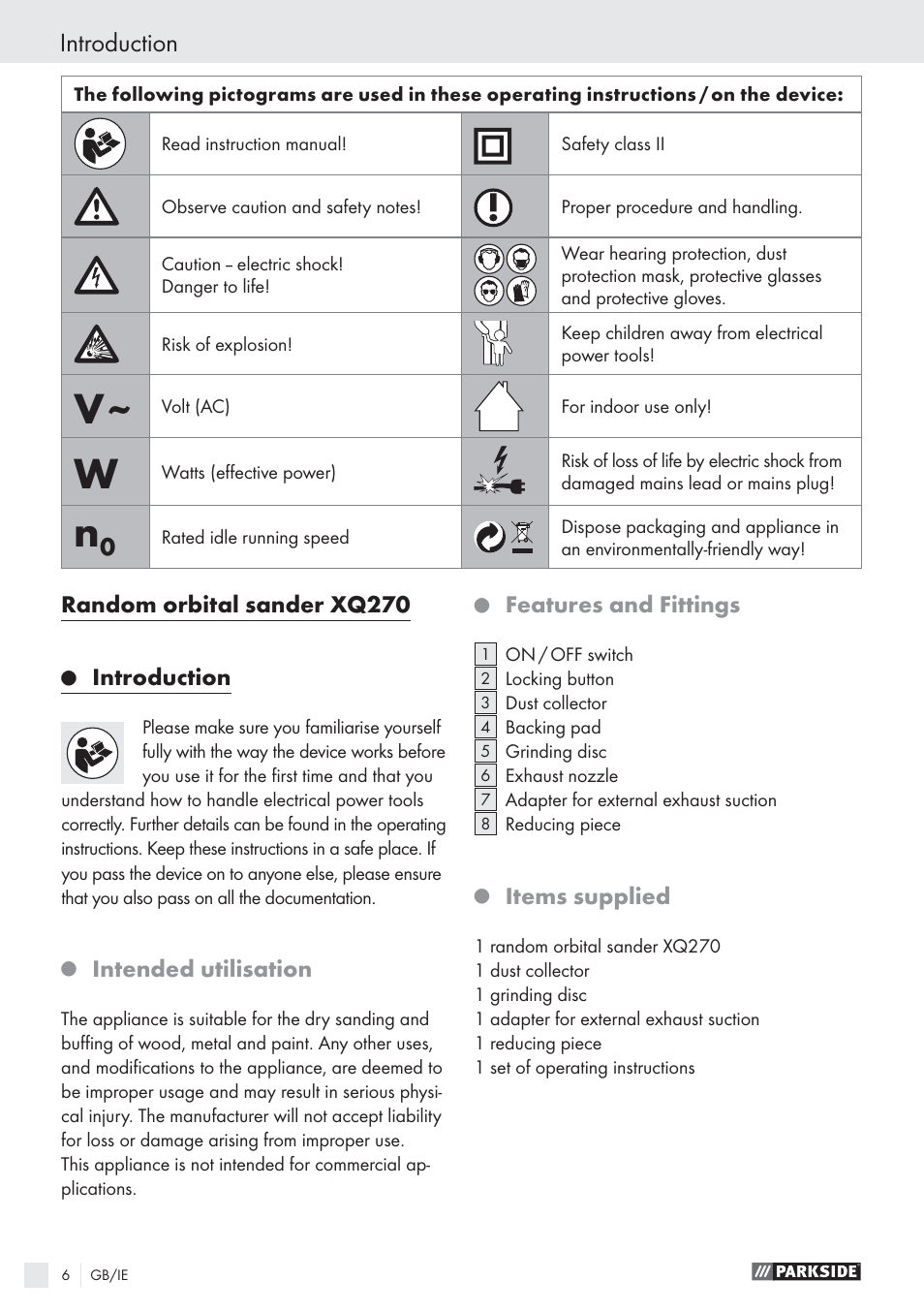 Random orbital sander xq270, Introduction, Intended utilisation | Features and fittings, Items supplied | Parkside EXCENTERSLIBER XQ270 User Manual | Page 5 / 20