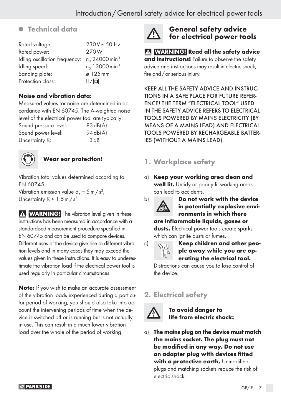 Technical data, General safety advice for electrical power tools, Workplace safety | Electrical safety | Parkside EXCENTERSLIBER XQ270 User Manual | Page 6 / 20