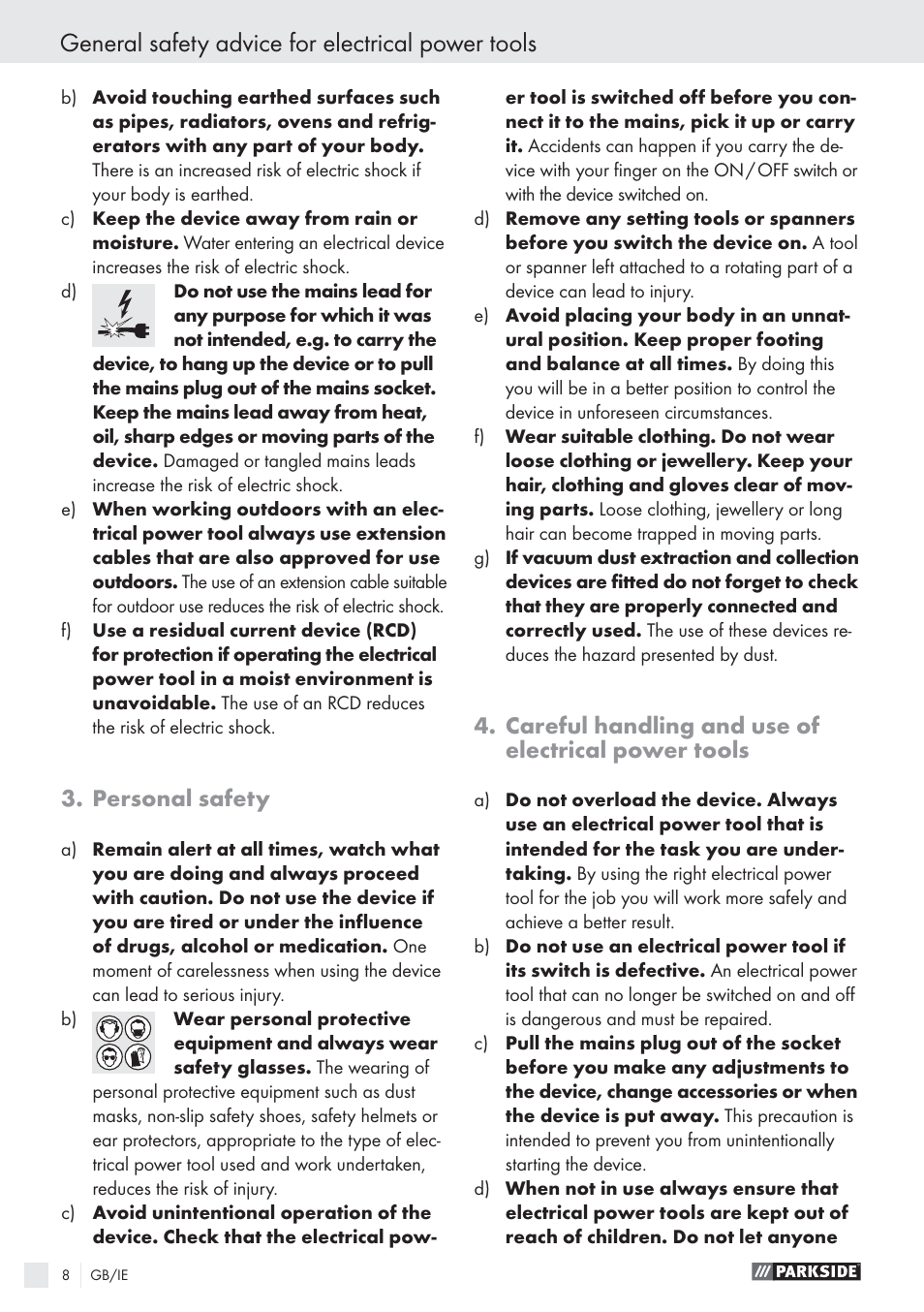 General safety advice for electrical power tools, Personal safety, Careful handling and use of electrical power tools | Parkside EXCENTERSLIBER XQ270 User Manual | Page 7 / 20