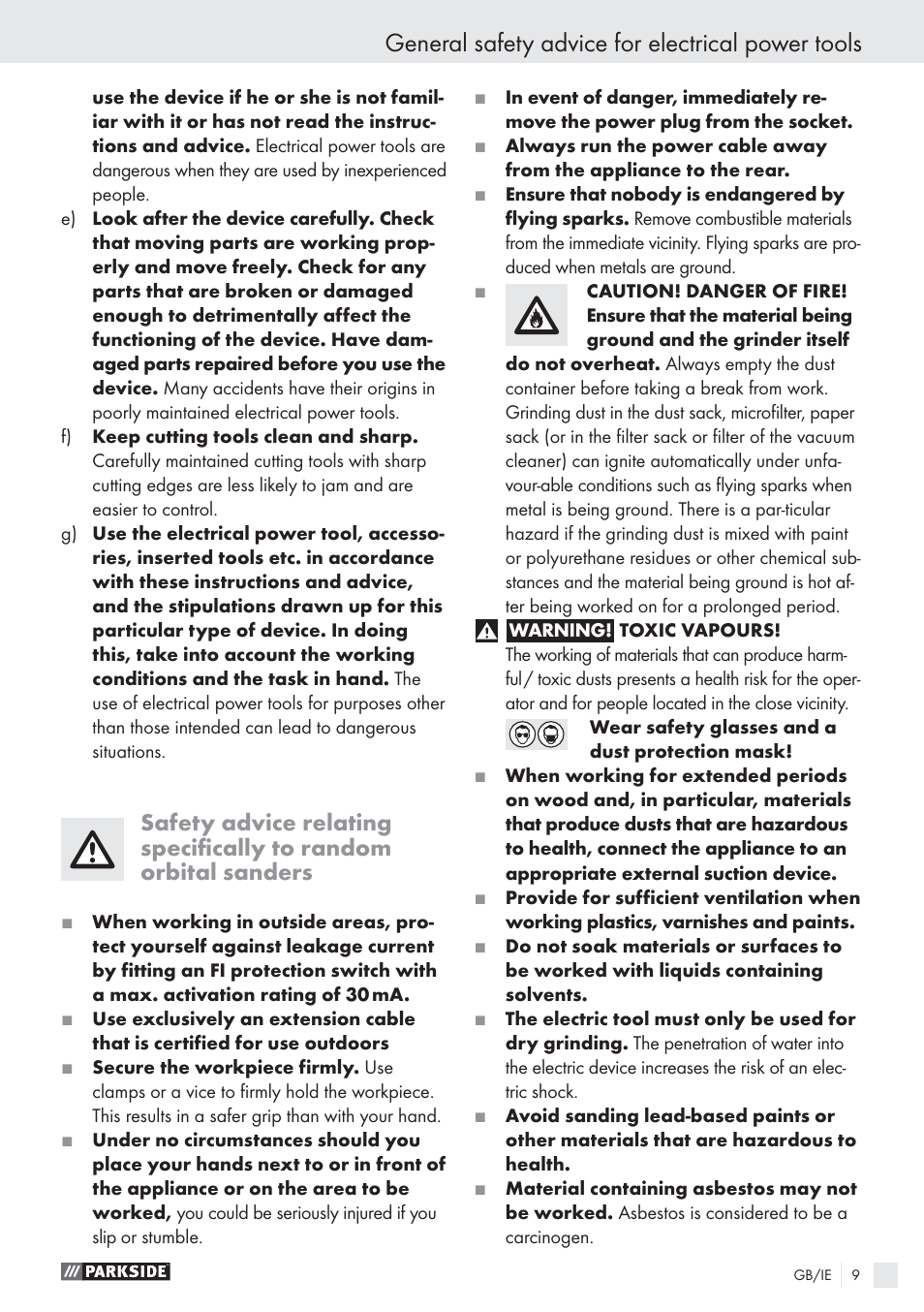 General safety advice for electrical power tools | Parkside EXCENTERSLIBER XQ270 User Manual | Page 8 / 20