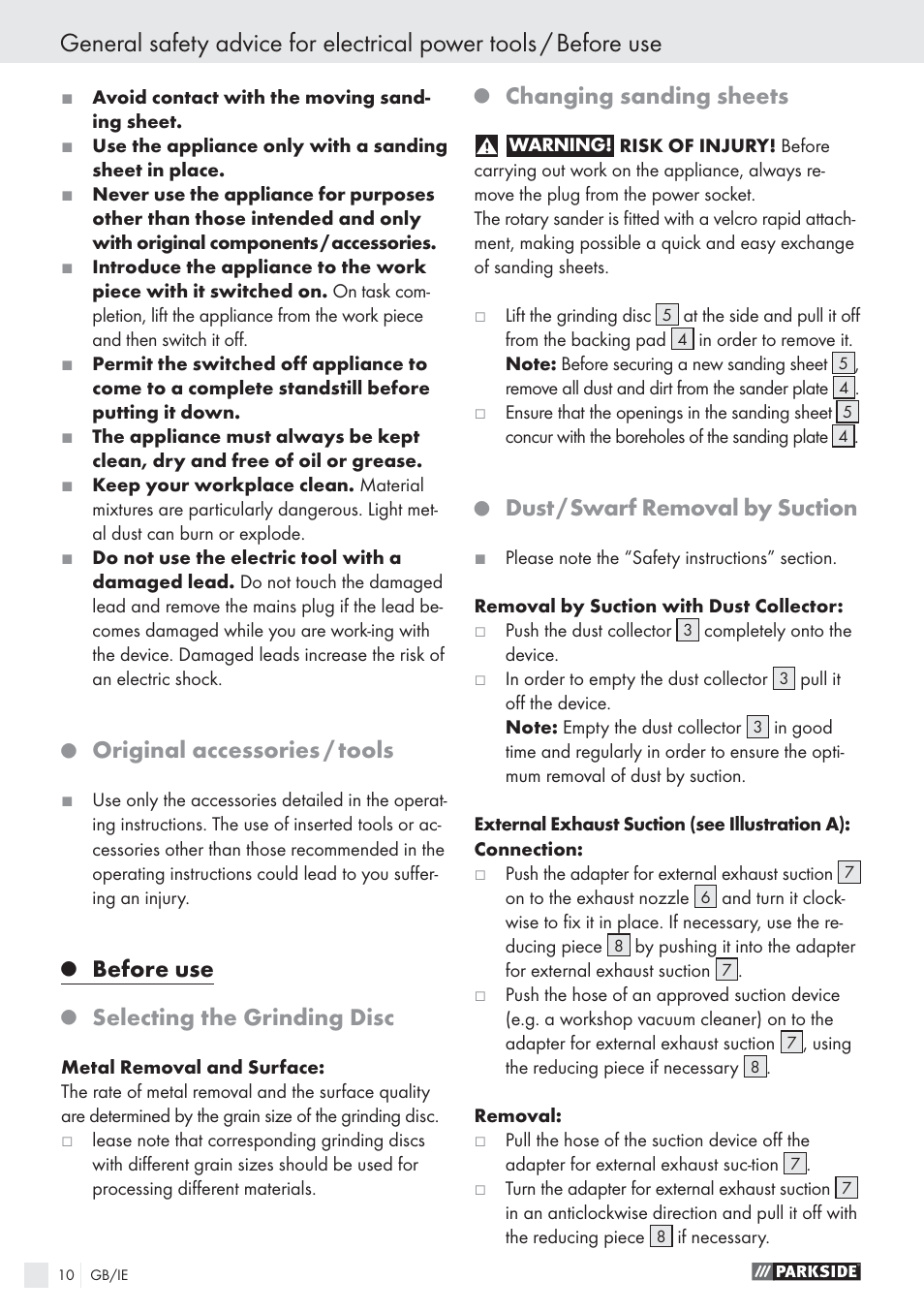 Original accessories / tools, Before use, Selecting the grinding disc | Changing sanding sheets, Dust / swarf removal by suction | Parkside EXCENTERSLIBER XQ270 User Manual | Page 9 / 20