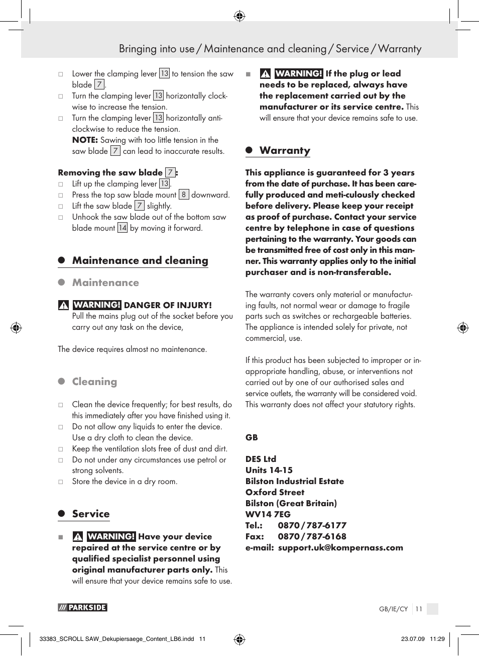 Maintenance and cleaning, Maintenance, Cleaning | Service, Warranty | Parkside PDKS 120 User Manual | Page 11 / 13