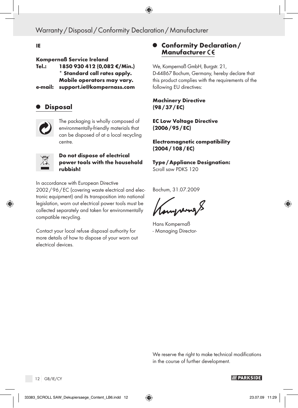 Disposal, Conformity declaration / manufacturer | Parkside PDKS 120 User Manual | Page 12 / 13