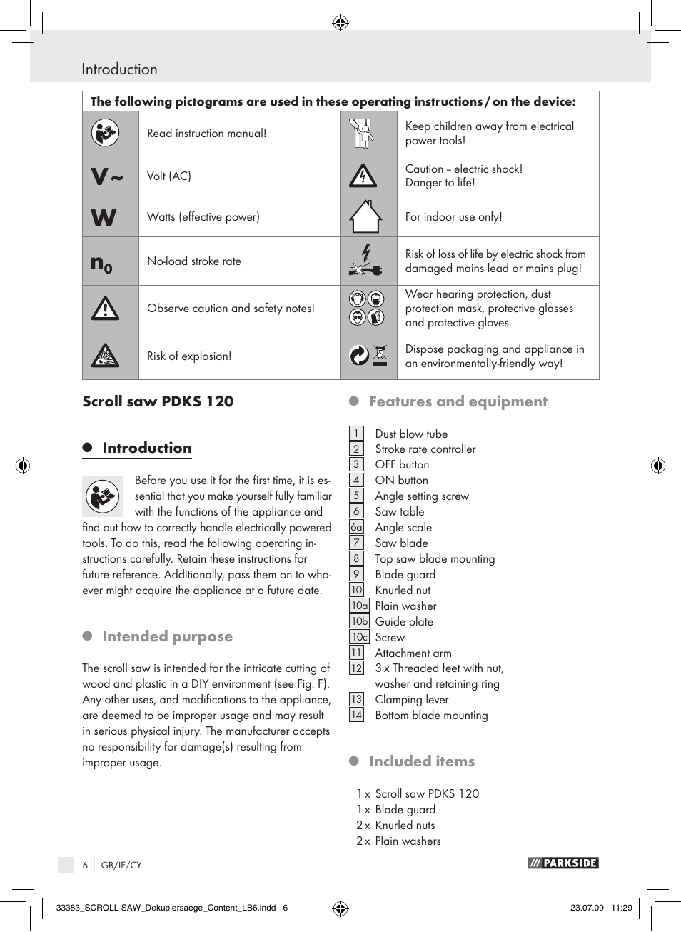 Scroll saw pdks 120, Introduction, Intended purpose | Features and equipment, Included items | Parkside PDKS 120 User Manual | Page 6 / 13