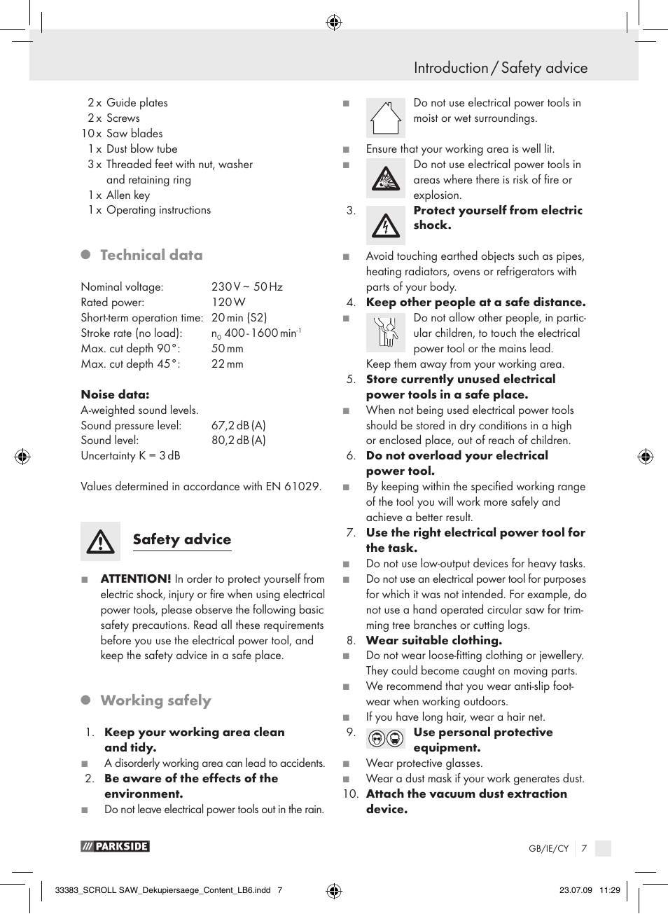 Introduction / safety advice, Technical data, Safety advice | Working safely | Parkside PDKS 120 User Manual | Page 7 / 13