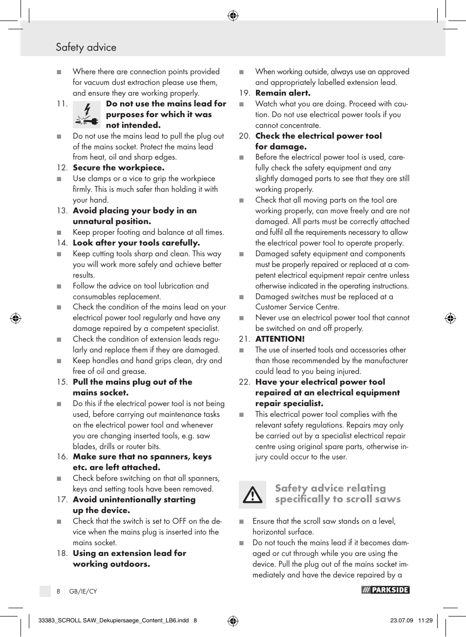 Safety advice | Parkside PDKS 120 User Manual | Page 8 / 13