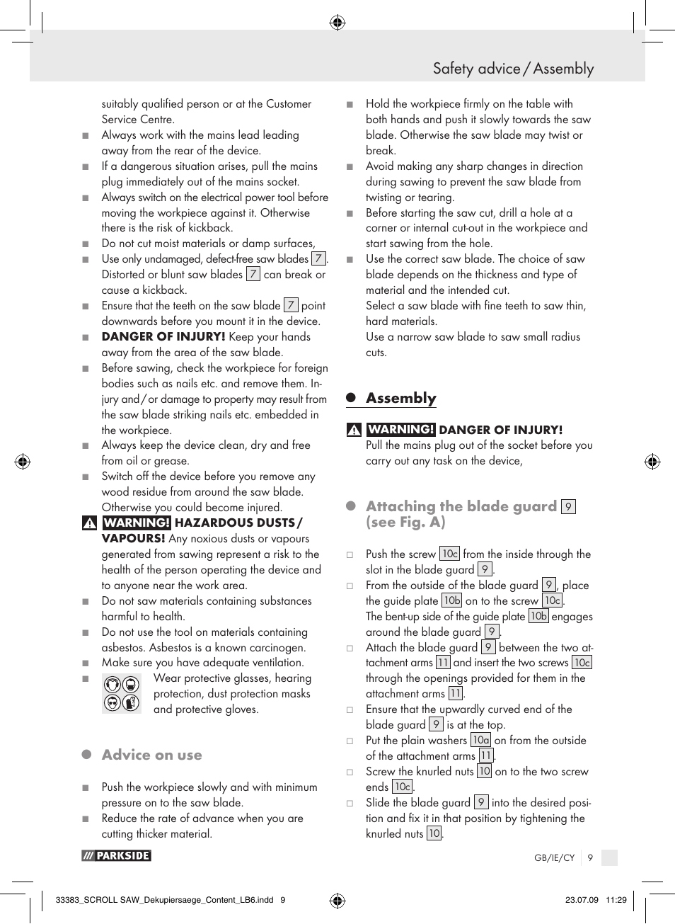 Safety advice / assembly, Advice on use, Assembly | Attaching the blade guard, See fig. a) | Parkside PDKS 120 User Manual | Page 9 / 13
