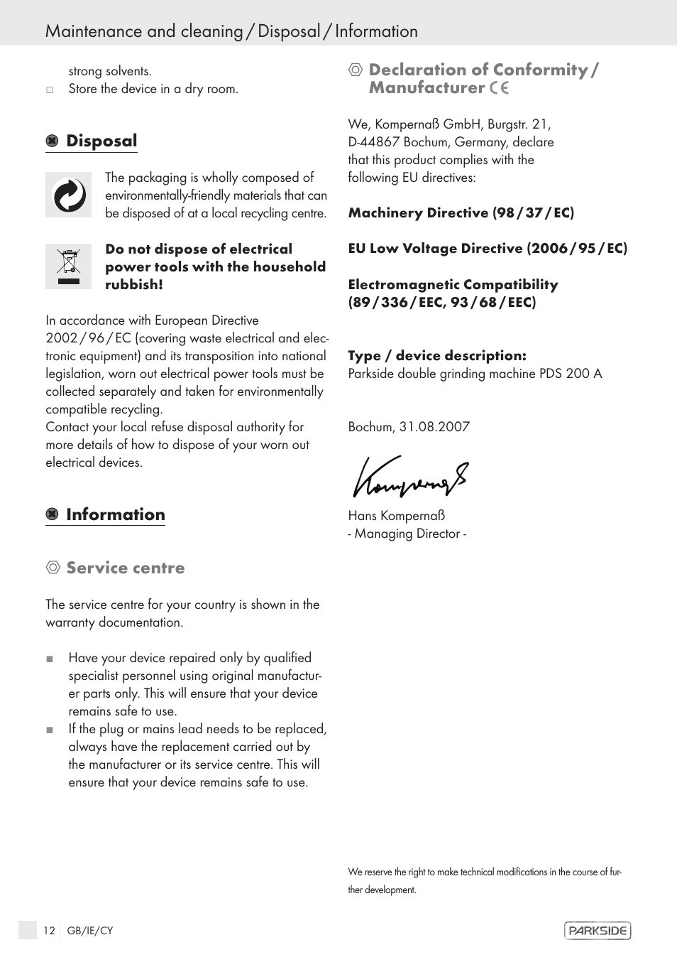 Maintenance and cleaning / disposal / information | Parkside PDS 200 A User Manual | Page 10 / 10