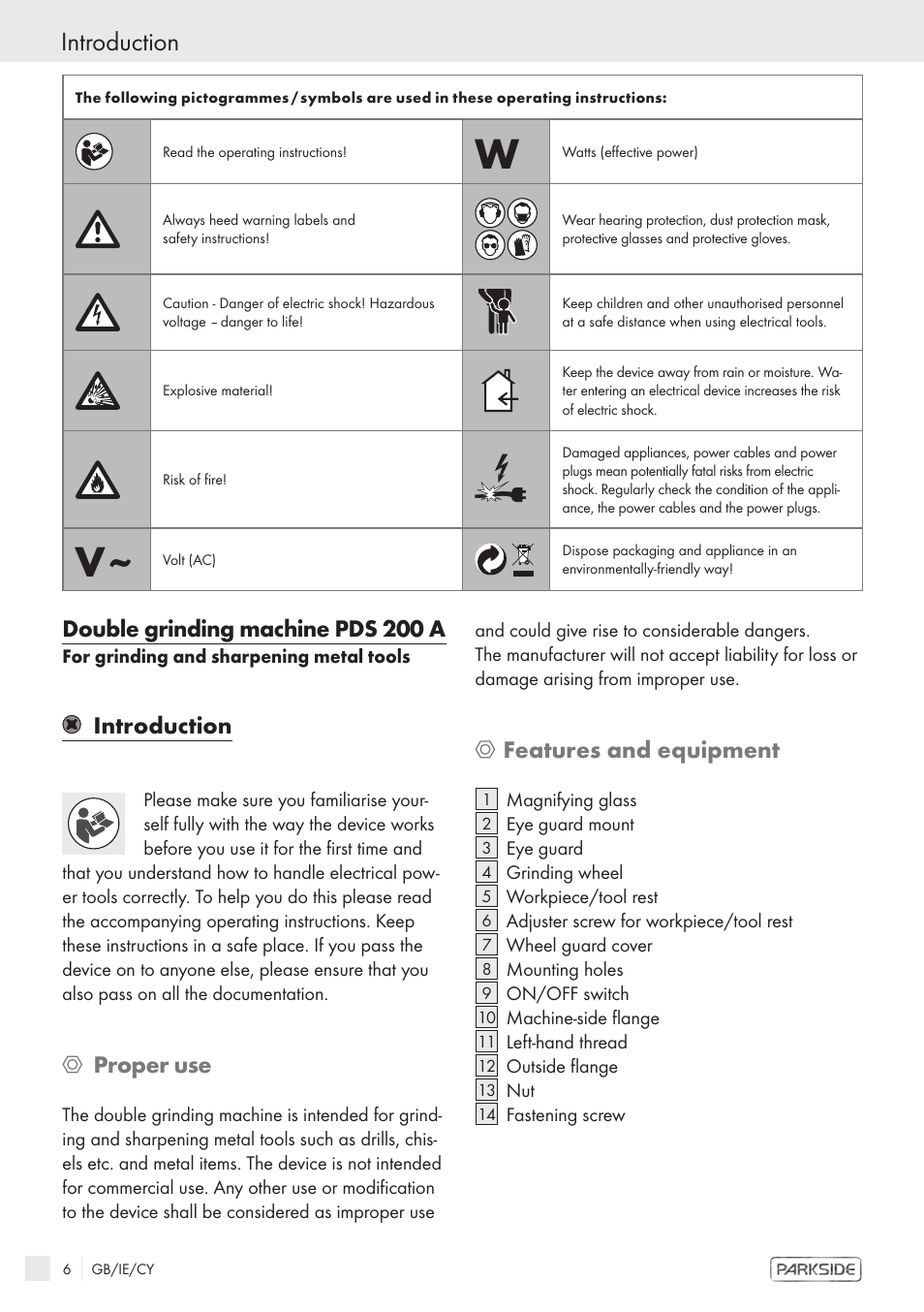 Double grinding machine pds 200 a, Introduction, Proper use | Features and equipment | Parkside PDS 200 A User Manual | Page 4 / 10