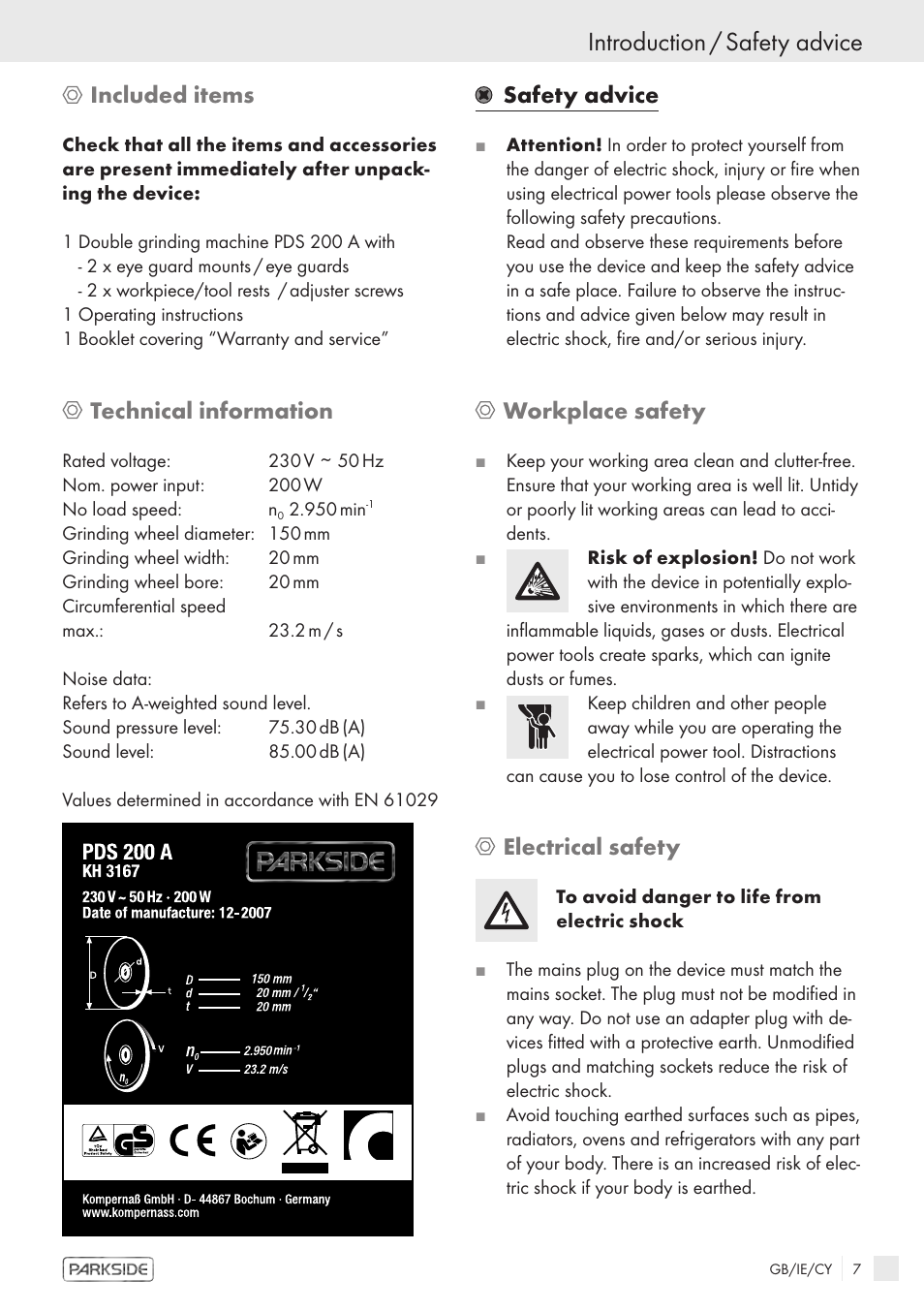 Introduction / safety advice, Included items, Technical information | Safety advice, Workplace safety, Electrical safety | Parkside PDS 200 A User Manual | Page 5 / 10