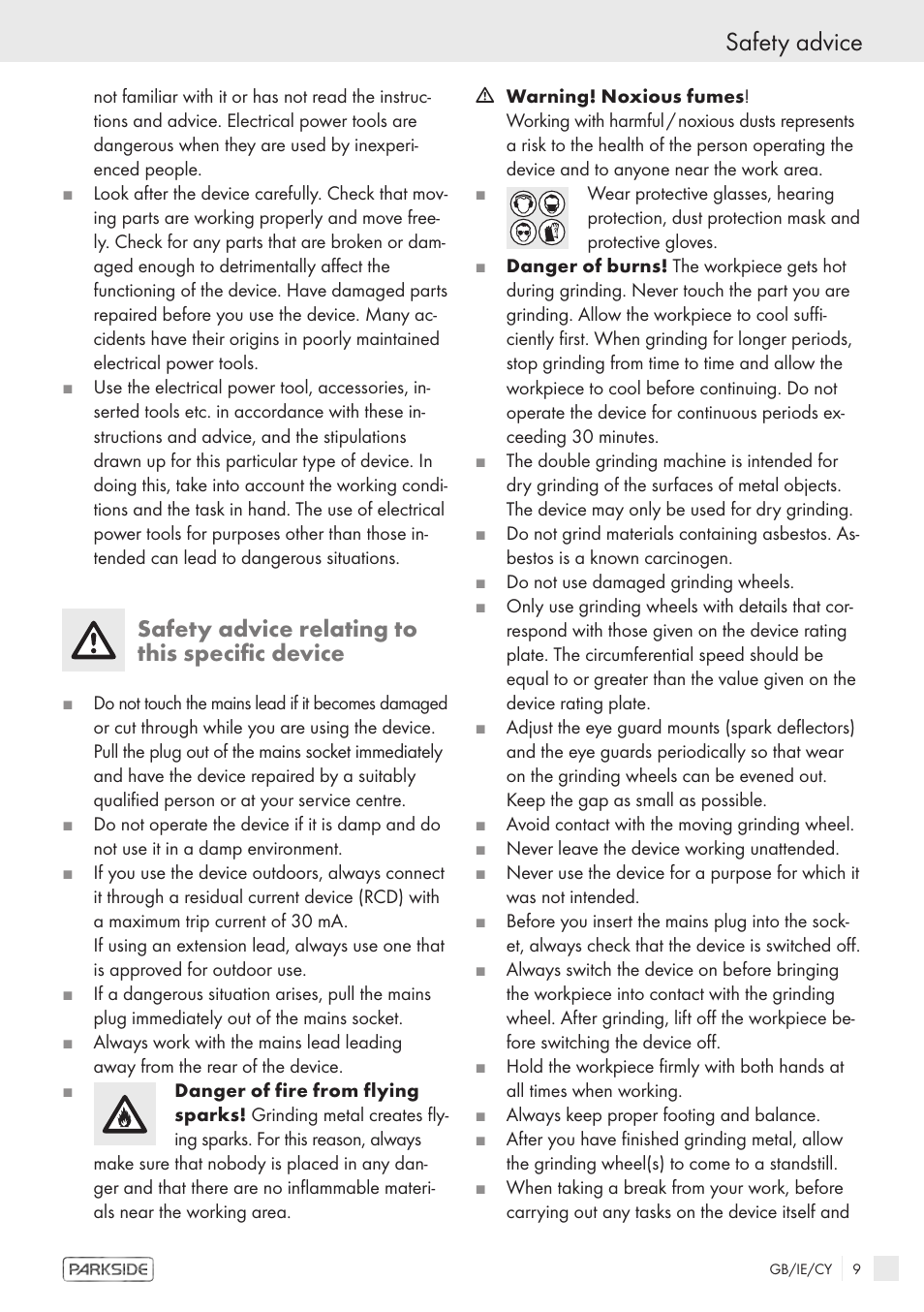 Safety advice, Safety advice relating to this specific device | Parkside PDS 200 A User Manual | Page 7 / 10