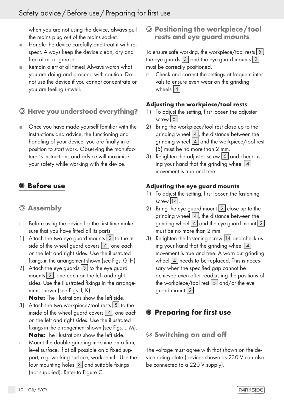 Have you understood everything, Before use assembly, Preparing for first use switching on and off | Parkside PDS 200 A User Manual | Page 8 / 10