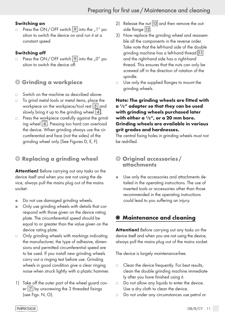 Preparing for first use / maintenance and cleaning, Grinding a workpiece, Replacing a grinding wheel | Original accessories / attachments, Maintenance and cleaning | Parkside PDS 200 A User Manual | Page 9 / 10