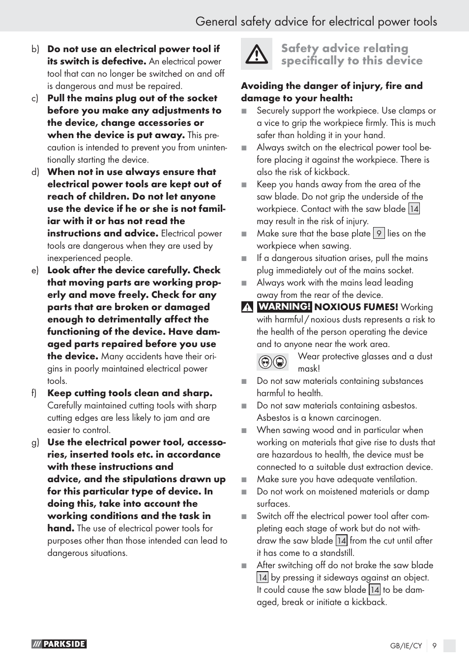 General safety advice for electrical power tools, Safety advice relating speciﬁcally to this device | Parkside PPHSS 730 SE User Manual | Page 10 / 15