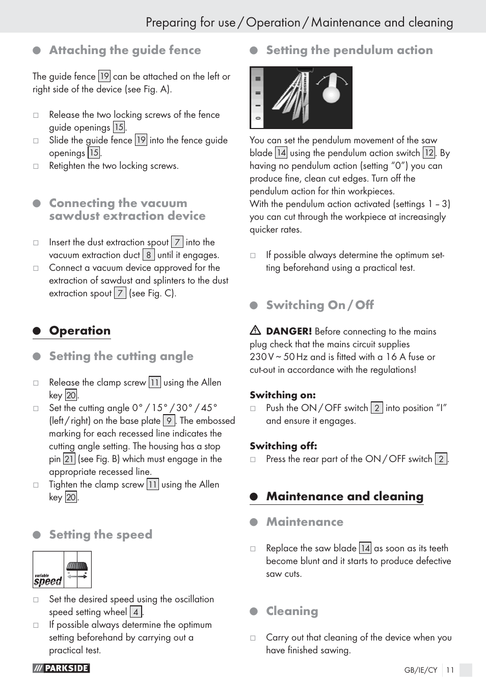 Attaching the guide fence, Connecting the vacuum sawdust extraction device, Operation | Setting the cutting angle, Setting the speed, Setting the pendulum action, Switching on / oﬀ, Maintenance and cleaning, Maintenance, Cleaning | Parkside PPHSS 730 SE User Manual | Page 12 / 15