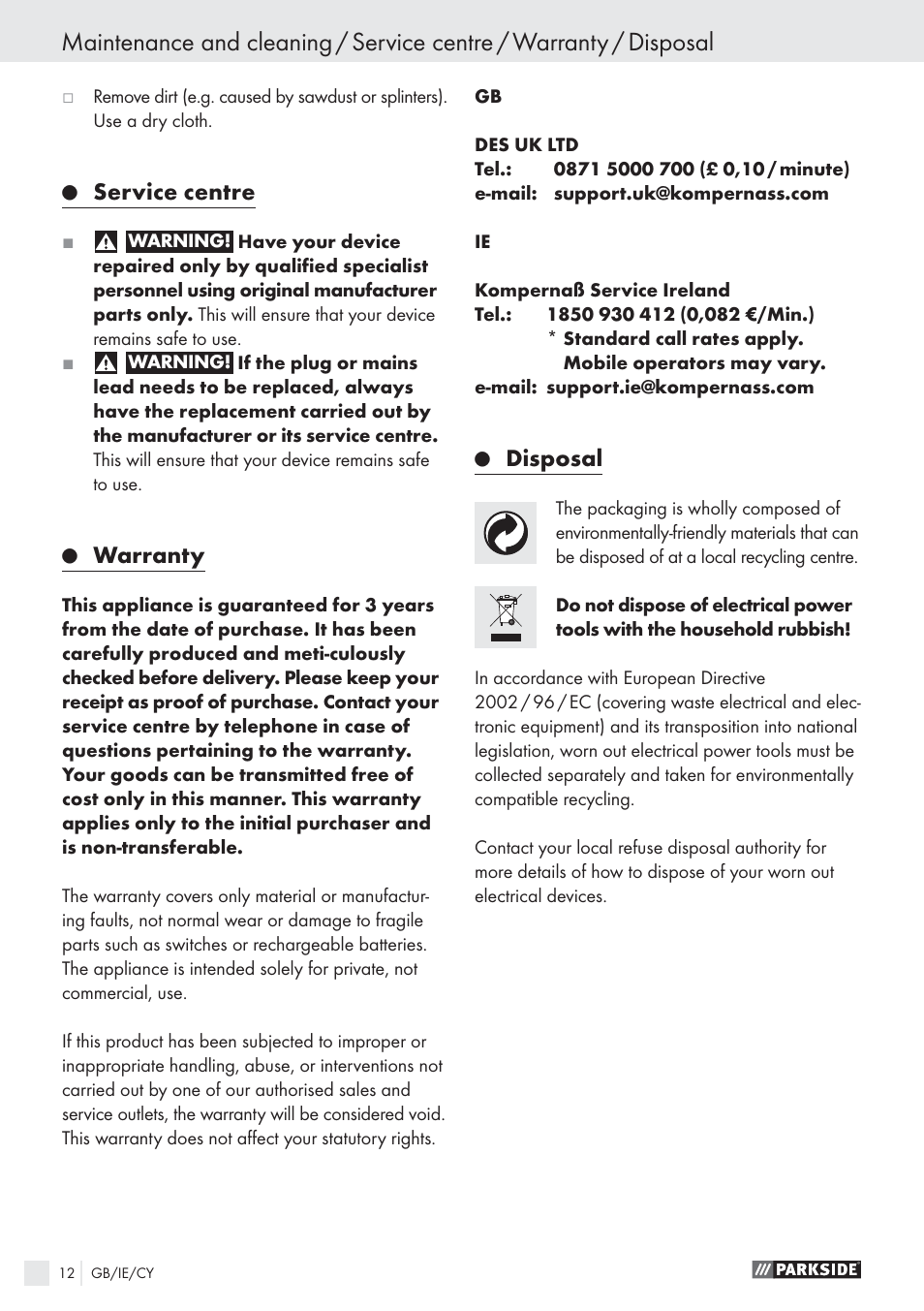 Service centre, Warranty, Disposal | Parkside PPHSS 730 SE User Manual | Page 13 / 15