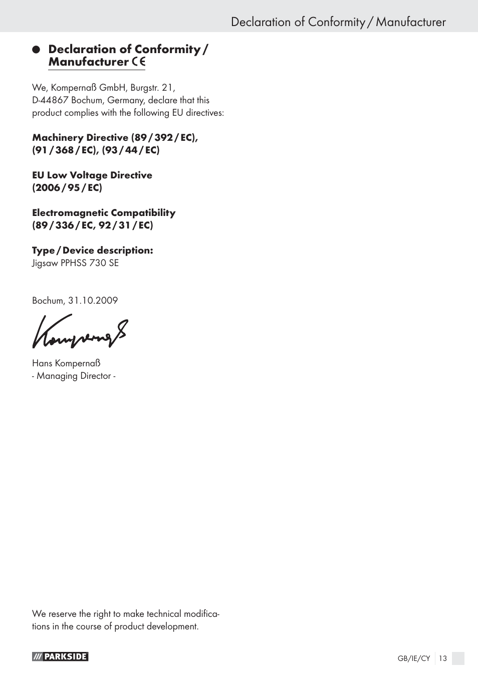Declaration of conformity / manufacturer | Parkside PPHSS 730 SE User Manual | Page 14 / 15