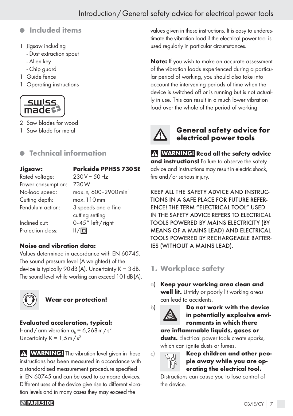 Included items, Technical information, General safety advice for electrical power tools | Workplace safety | Parkside PPHSS 730 SE User Manual | Page 8 / 15