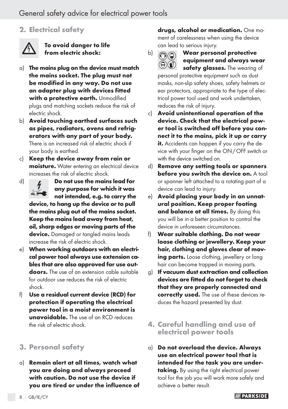 General safety advice for electrical power tools, Electrical safety, Personal safety | Careful handling and use of electrical power tools | Parkside PPHSS 730 SE User Manual | Page 9 / 15