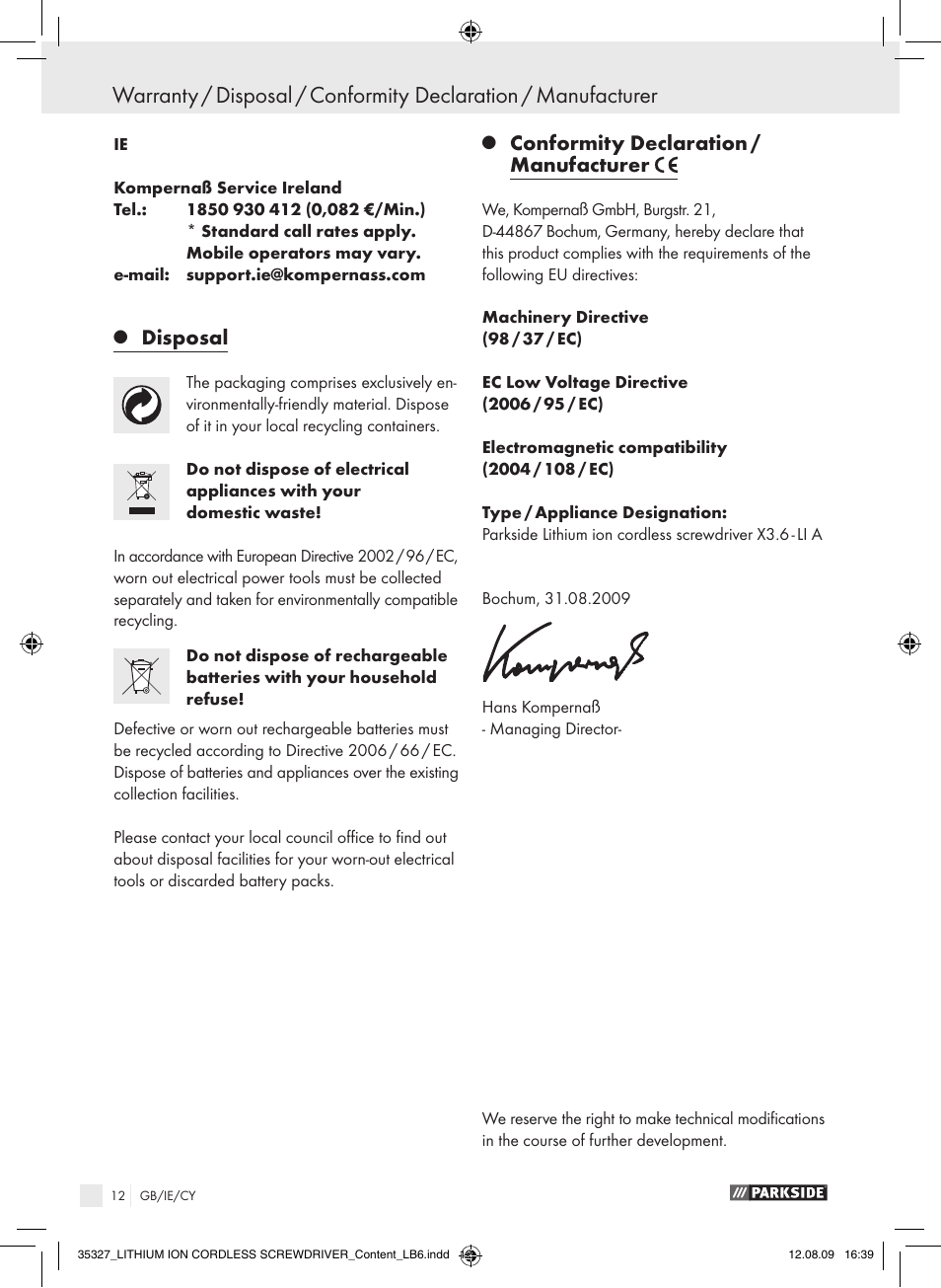 Disposal, Conformity declaration / manufacturer | Parkside X3 User Manual | Page 11 / 12