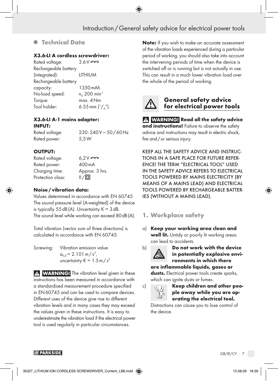 Technical data, General safety advice for electrical power tools, Workplace safety | Parkside X3 User Manual | Page 6 / 12