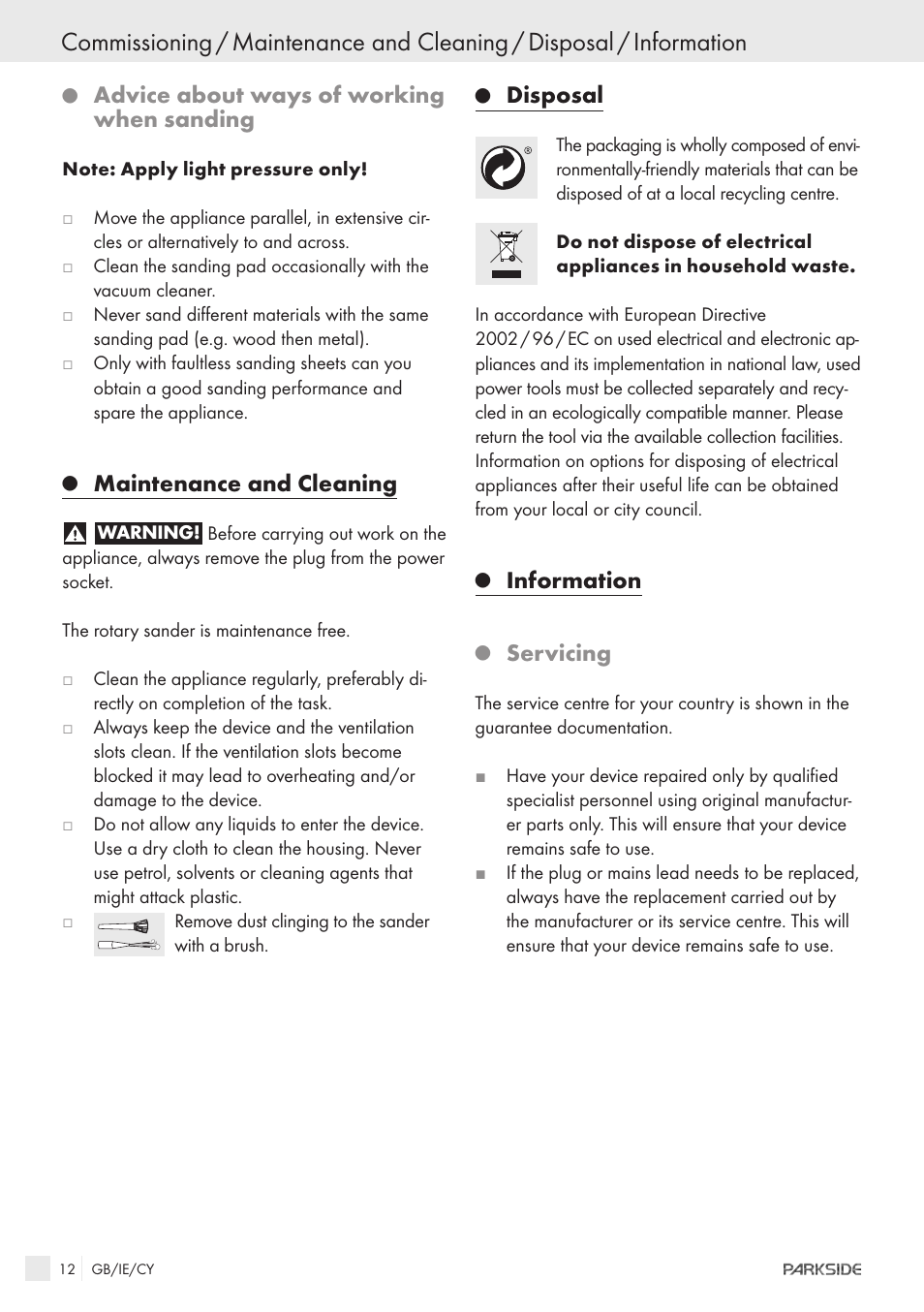 Advice about ways of working when sanding, Maintenance and cleaning, Disposal | Information, Servicing | Parkside XQ600 User Manual | Page 10 / 12