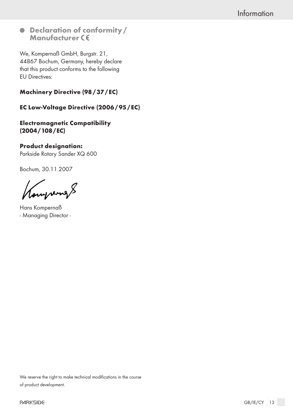 Information, Declaration of conformity / manufacturer | Parkside XQ600 User Manual | Page 11 / 12