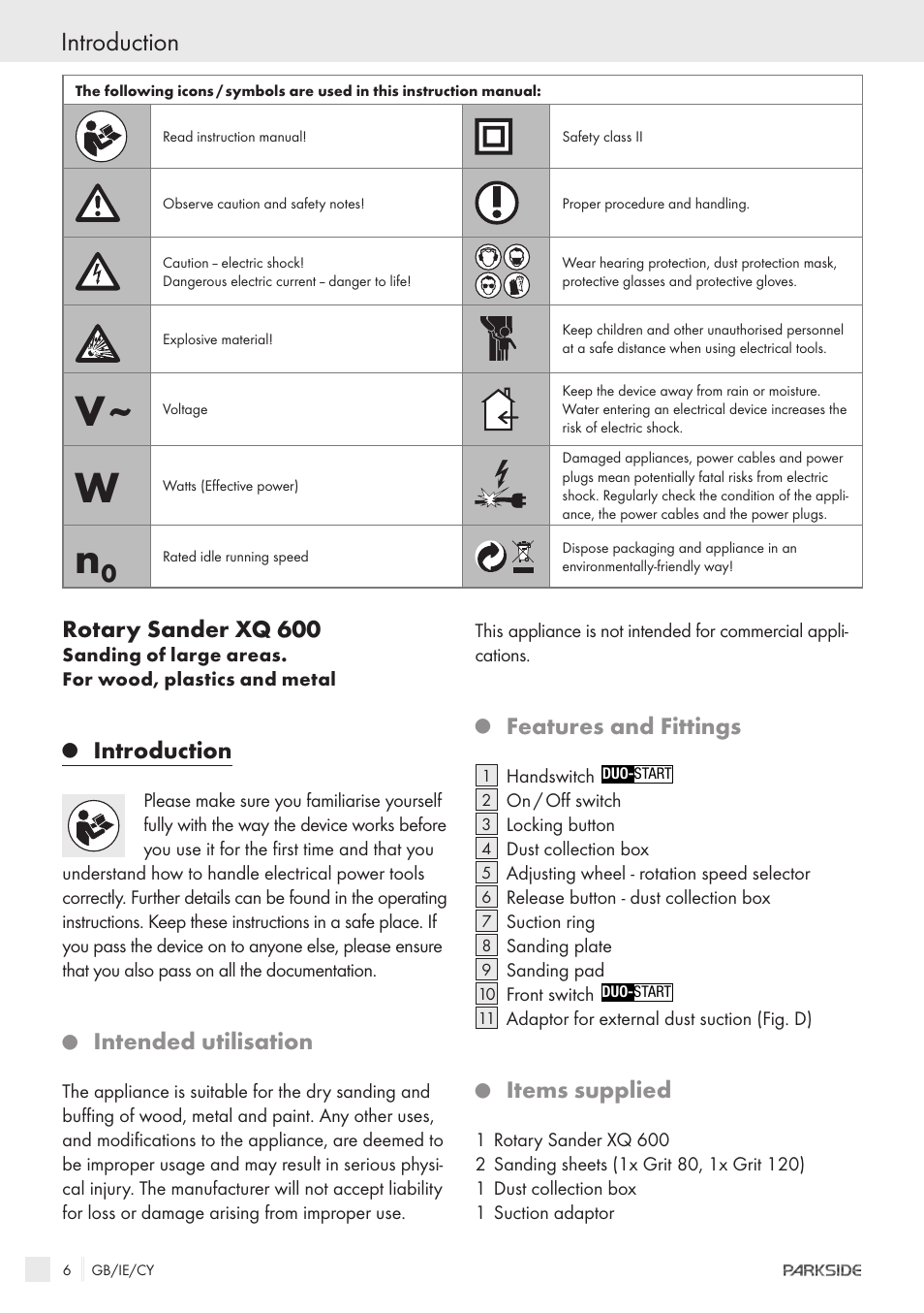 Rotary sander xq 600, Introduction, Intended utilisation | Features and fittings, Items supplied | Parkside XQ600 User Manual | Page 4 / 12