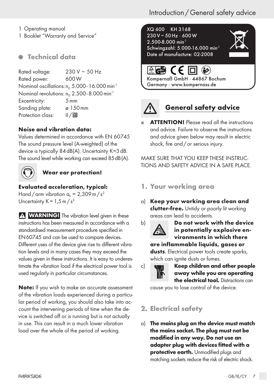 Introduction / general safety advice, Technical data, General safety advice | Your working area, Electrical safety | Parkside XQ600 User Manual | Page 5 / 12