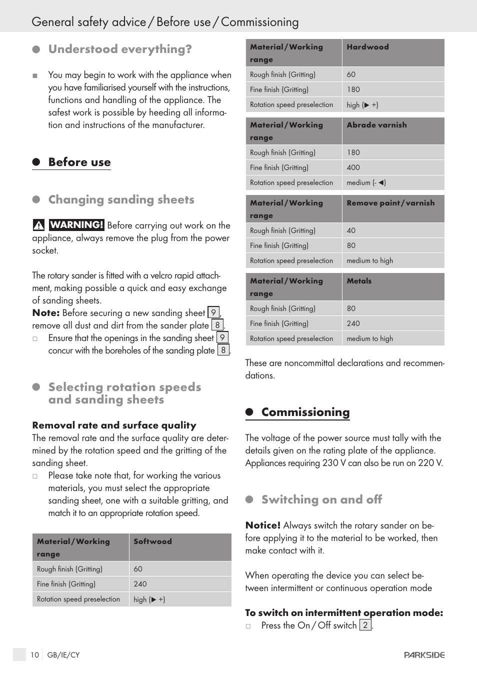General safety advice / before use / commissioning, Understood everything, Before use | Changing sanding sheets, Selecting rotation speeds and sanding sheets, Commissioning, Switching on and off | Parkside XQ600 User Manual | Page 8 / 12