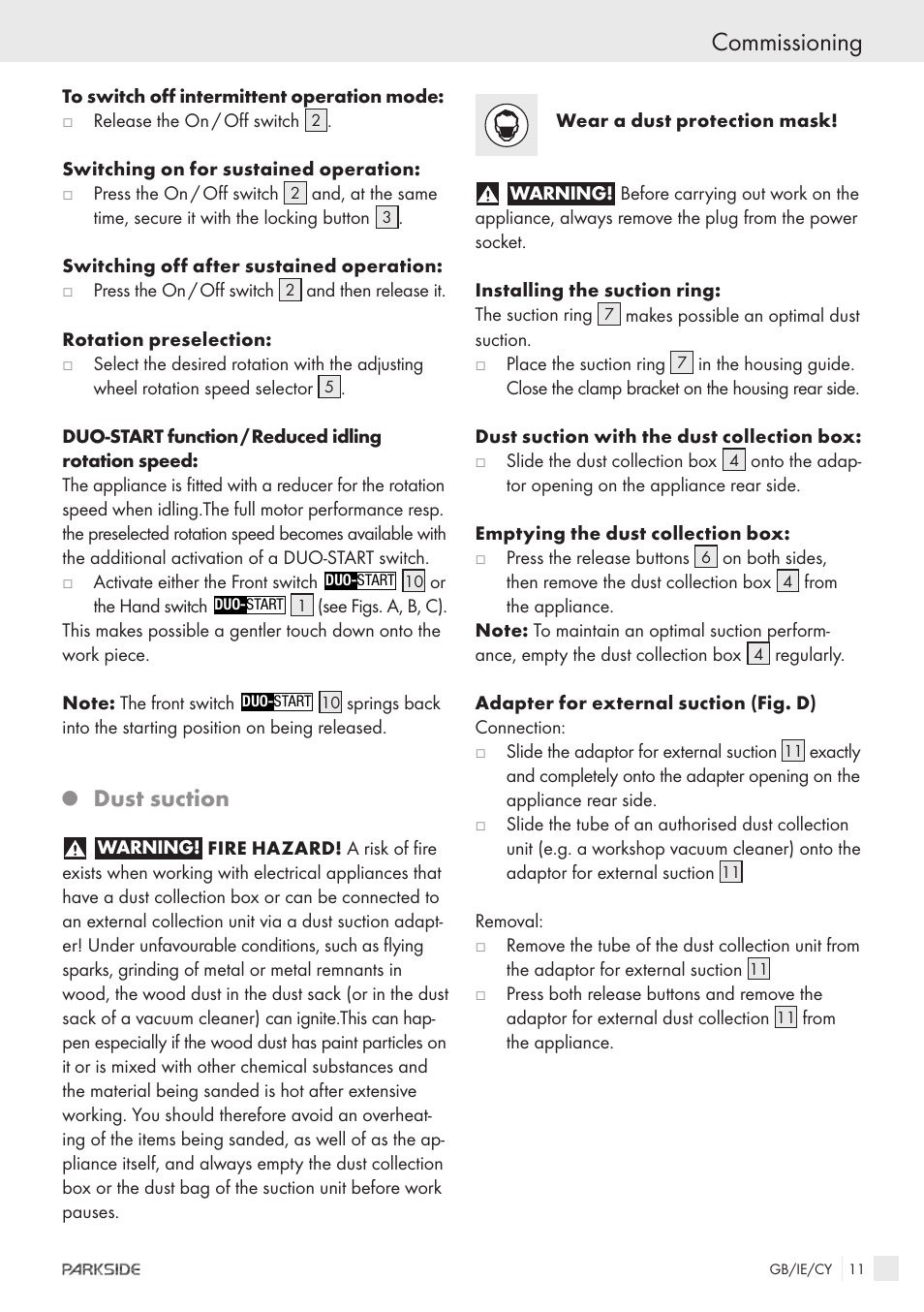 Commissioning, Dust suction | Parkside XQ600 User Manual | Page 9 / 12