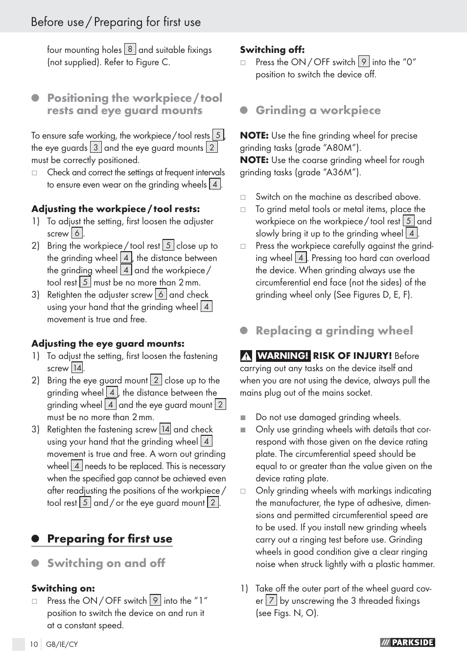 Before use / preparing for ﬁrst use, Preparing for ﬁrst use, Switching on and oﬀ | Grinding a workpiece, Replacing a grinding wheel | Parkside PDS 200A User Manual | Page 10 / 13