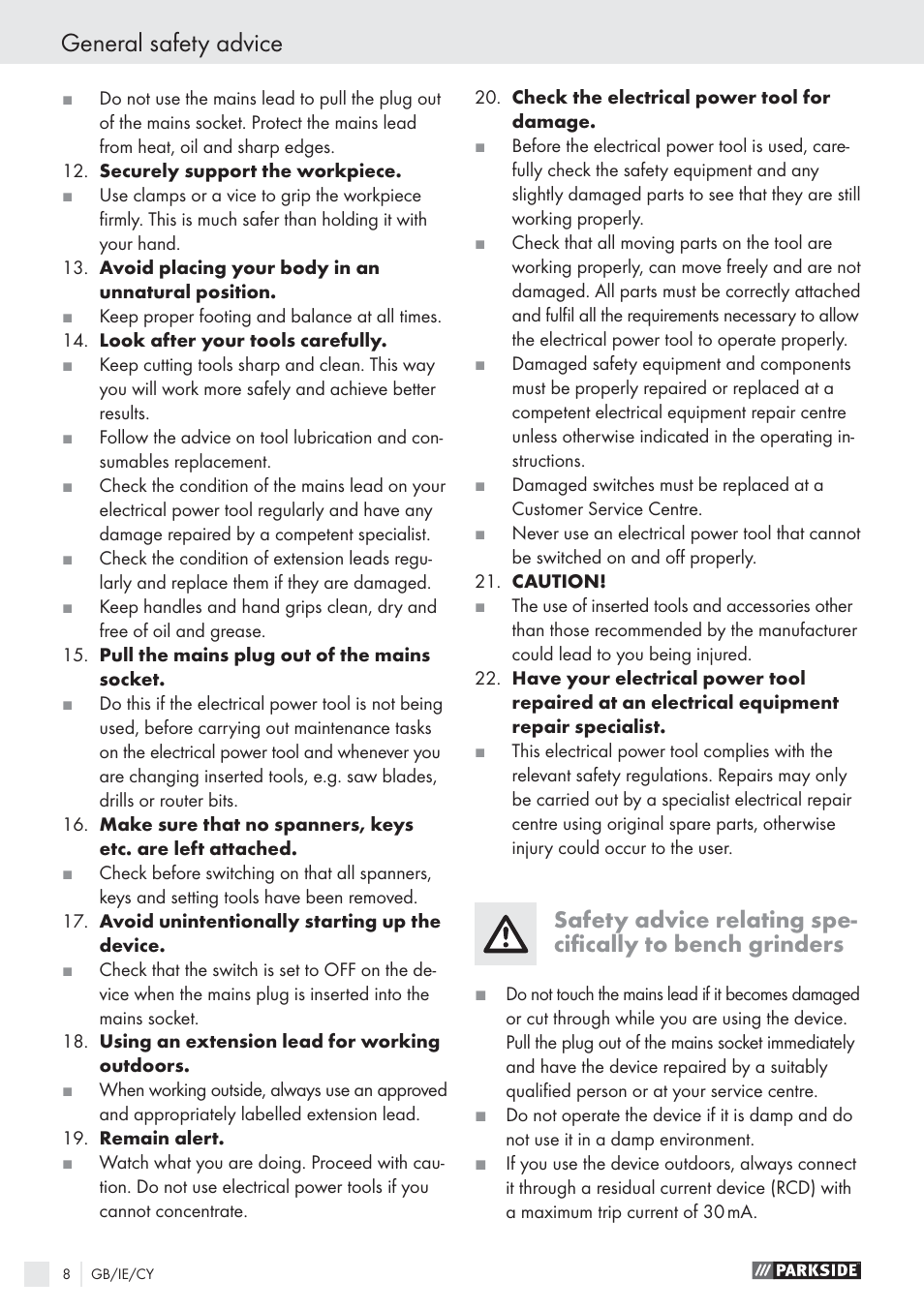 General safety advice | Parkside PDS 200A User Manual | Page 8 / 13