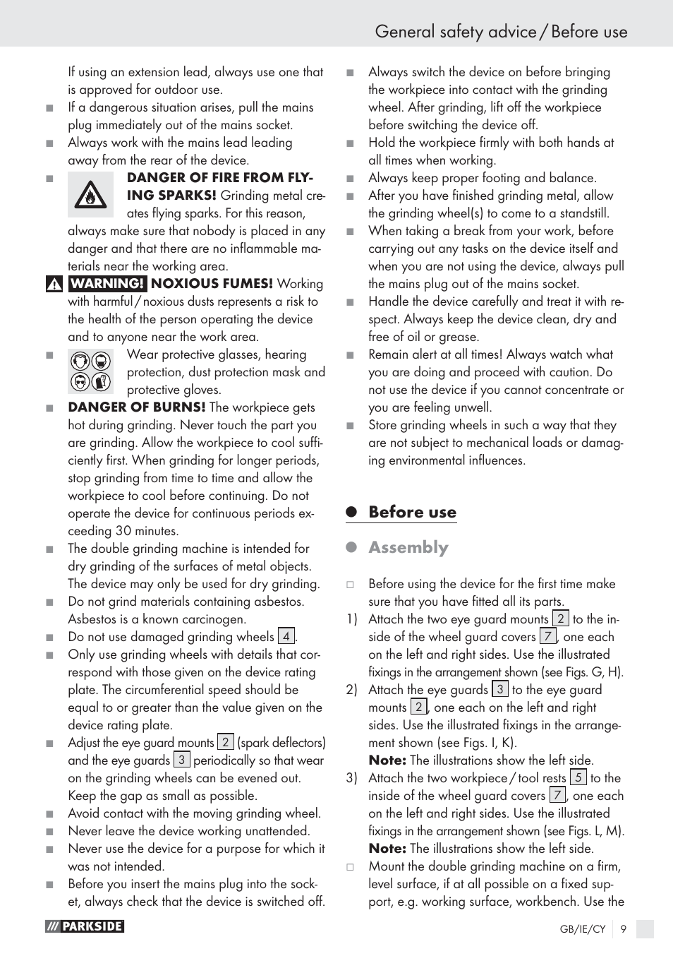General safety advice / before use, Before use, Assembly | Parkside PDS 200A User Manual | Page 9 / 13