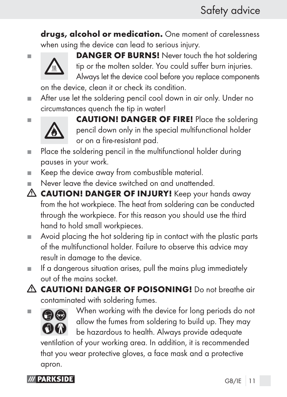 Safety advice | Parkside PLBS 30 A1 User Manual | Page 11 / 21