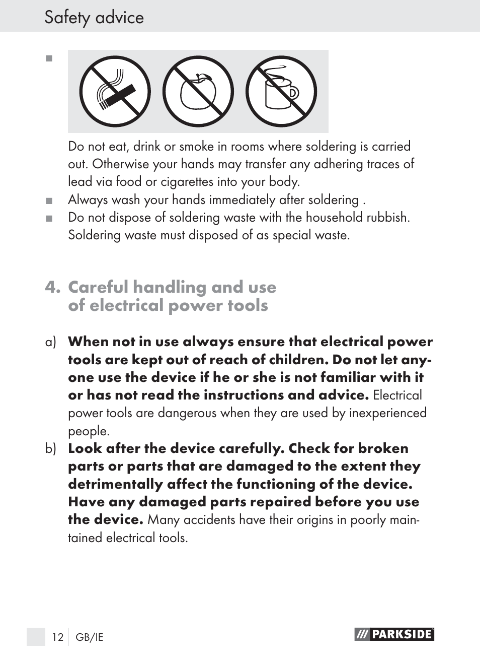 Safety advice, Careful handling and use of electrical power tools | Parkside PLBS 30 A1 User Manual | Page 12 / 21