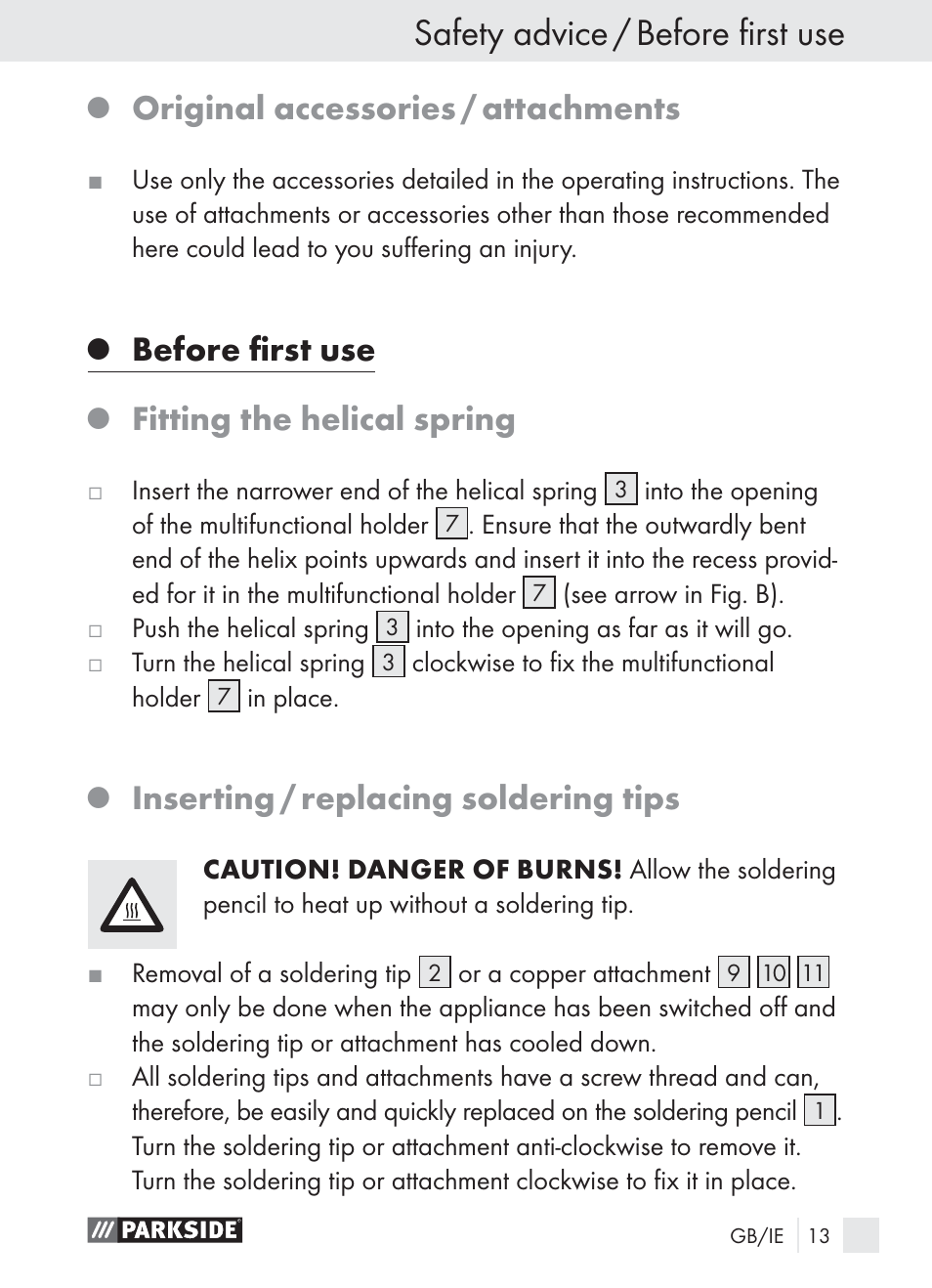 Safety advice / before first use, Original accessories / attachments, Before ﬁrst use | Fitting the helical spring, Inserting / replacing soldering tips | Parkside PLBS 30 A1 User Manual | Page 13 / 21