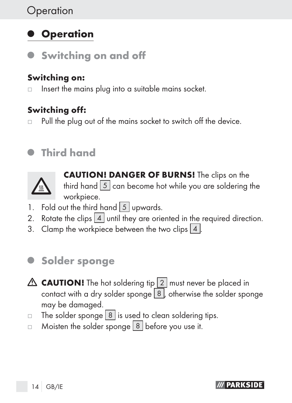 Operation, Switching on and oﬀ, Third hand | Solder sponge | Parkside PLBS 30 A1 User Manual | Page 14 / 21